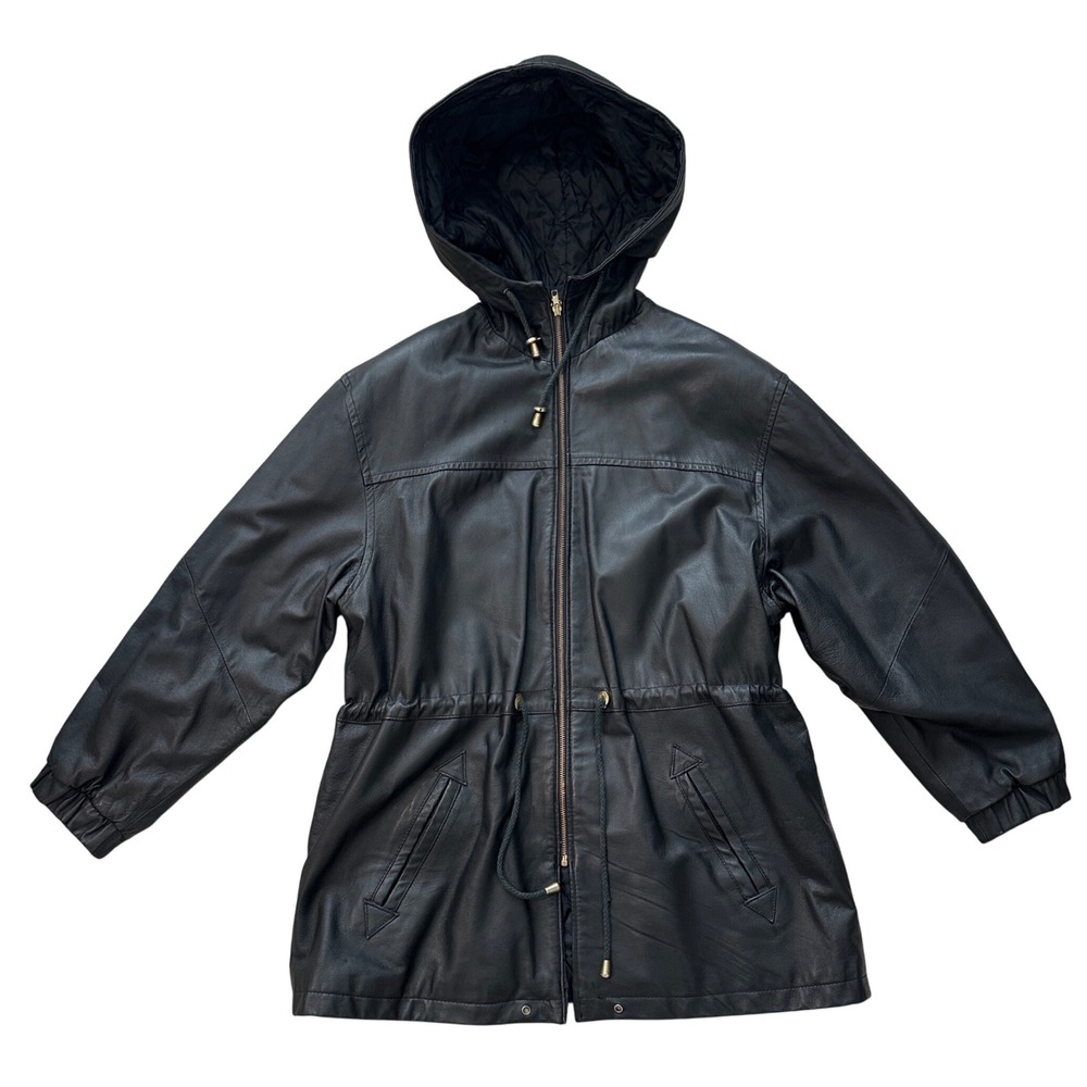 Vintage Middlebrook Park Genuine Leather Hooded Jacket‎ Drawstring Black Large
